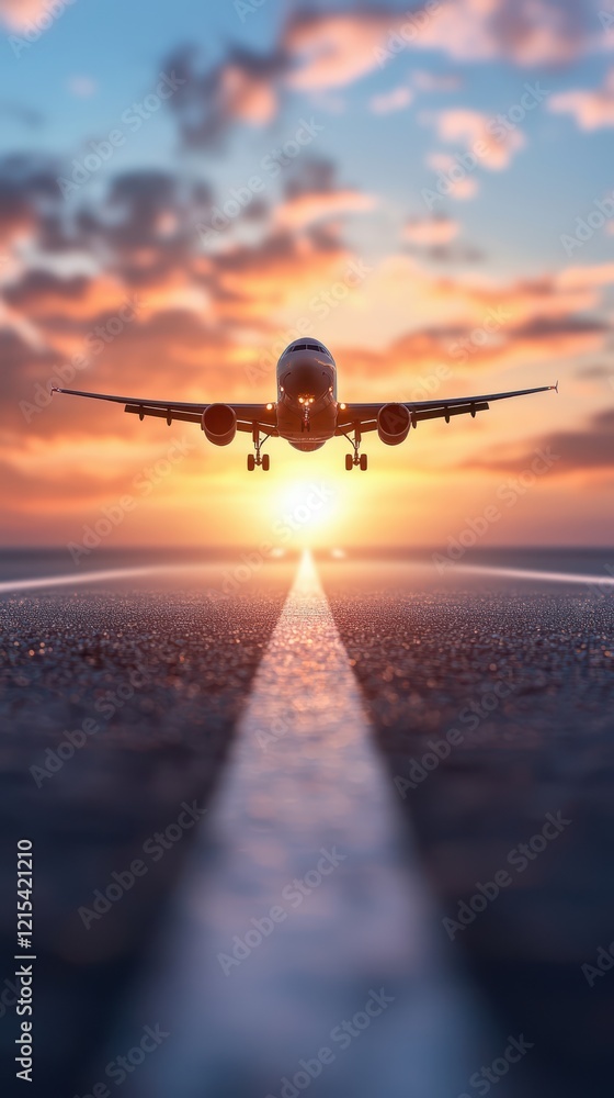 Fototapeta premium Airplane landing on runway at sunset with vibrant sky and dramatic lighting