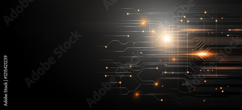 Abstract digital circuit design with glowing lights on a dark background, representing innovation and technology advancements.