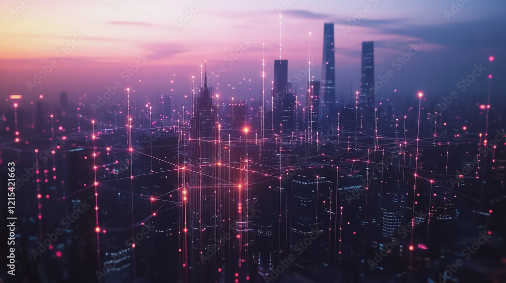 Smart digital Innovation city with connection network reciprocity over the twilight cityscape. of future smart wireless digital city and social media networking systems that connects people with city Smart digital Innovation city with connection network reciprocity over the twilight cityscape. of future smart wireless digital city and social media networking systems that connects people with city