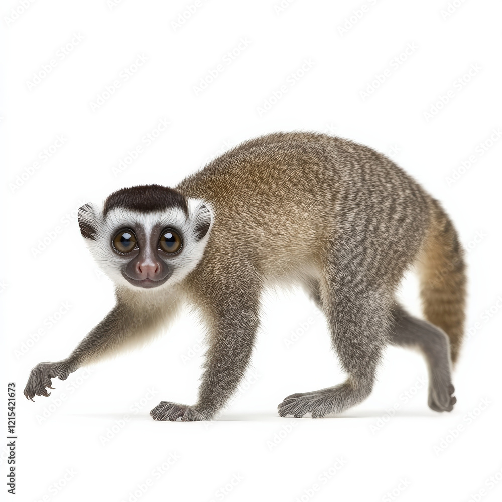 Small primate walking, large eyes, fluffy fur. Small primate walking, large eyes, fluffy fur.