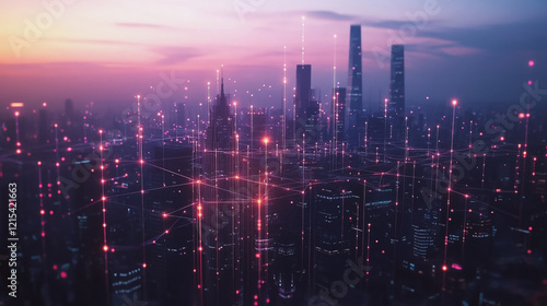 Wallpaper Mural Smart digital Innovation city with connection network reciprocity over the twilight cityscape. of future smart wireless digital city and social media networking systems that connects people with city Torontodigital.ca