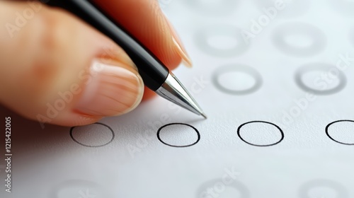 Close-up of hand filling in response on multiple-choice test answer sheet