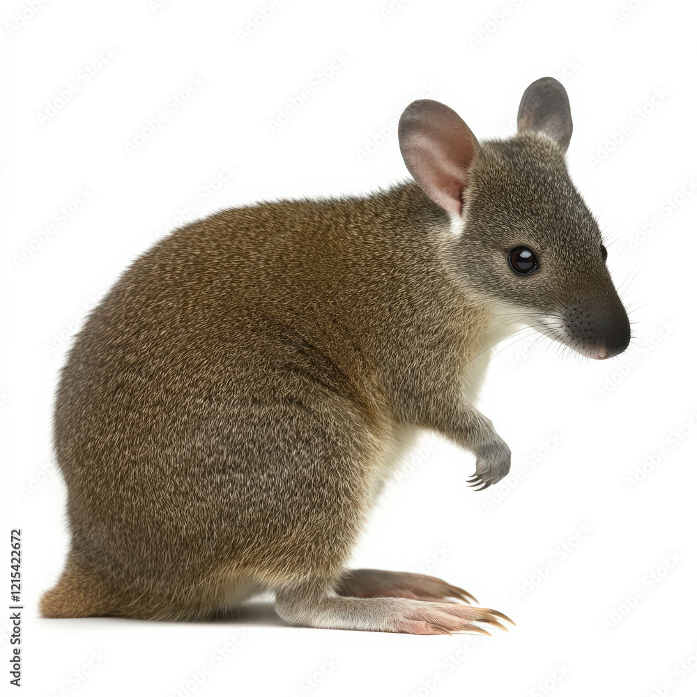 Obraz premium Young rat-kangaroo, sitting, profile view, white background.