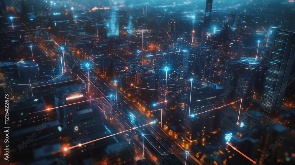 Smart digital Innovation city with connection network reciprocity over the twilight cityscape. of future smart wireless digital city and social media networking systems that connects people with city