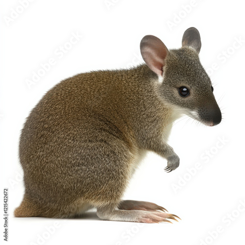 Young rat-kangaroo, sitting, profile view, white background. photo