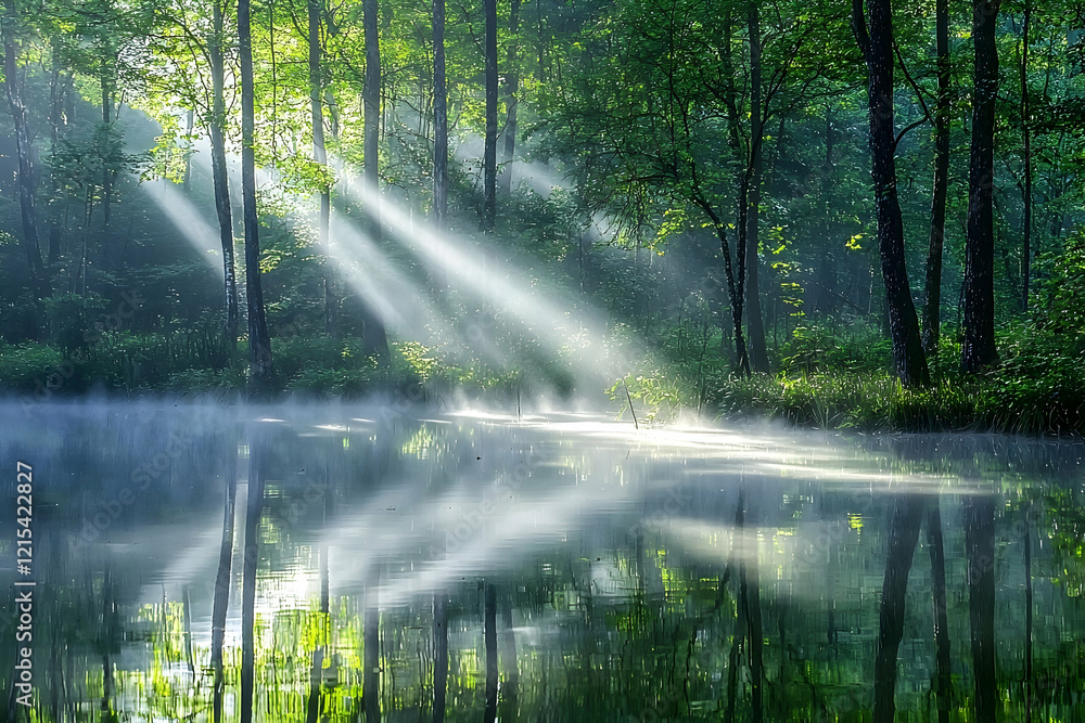 Obraz premium Peaceful forest lake with mist and soft sunlight breaking through