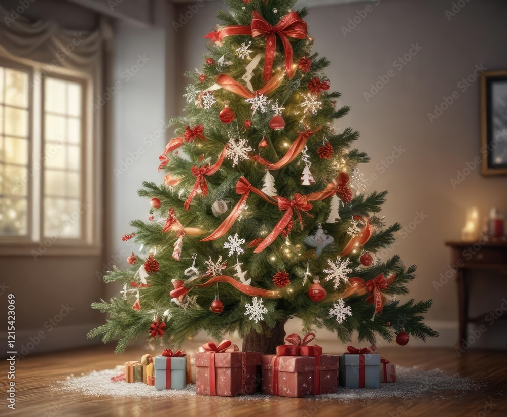 Festive decorated tree with paper snowflakes, ribbons, and bows , bows, ornaments Festive decorated tree with paper snowflakes, ribbons, and bows , bows, ornaments