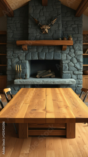 Wallpaper Mural Farmhouse-style wooden table in front of a stone fireplace, cozy, country, rustic, wooden beams Torontodigital.ca