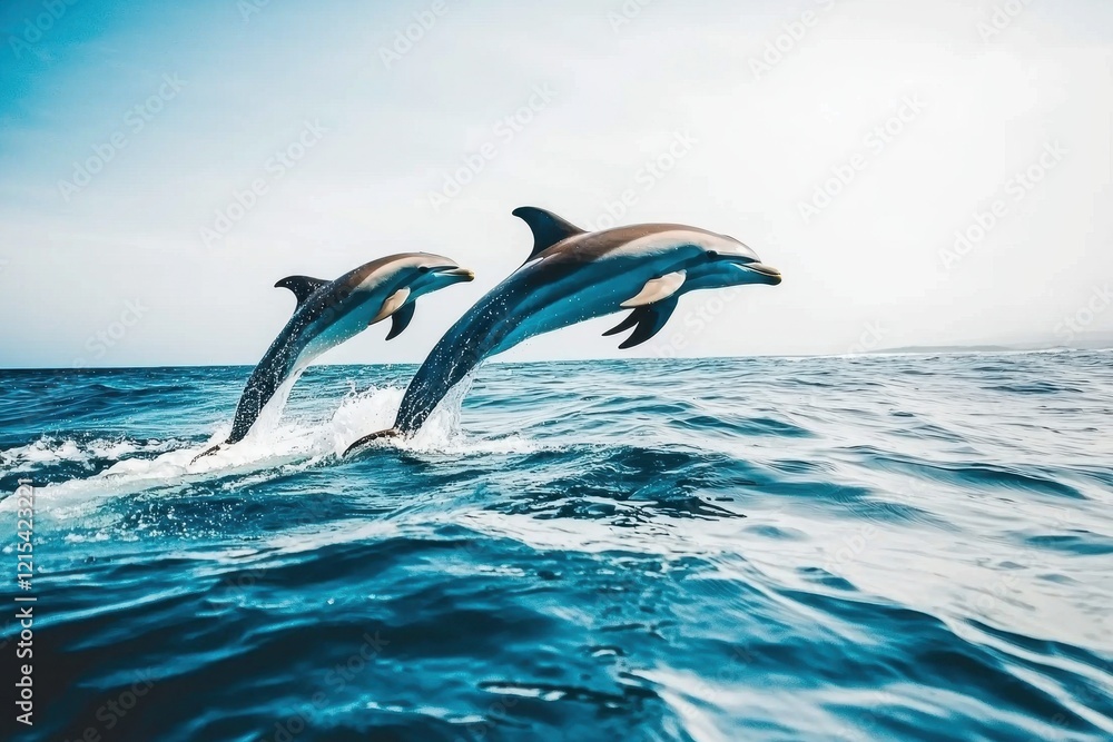 Fototapeta premium pod of dolphins leaping gracefully out of sparkling ocean waves in Byron Bay. 