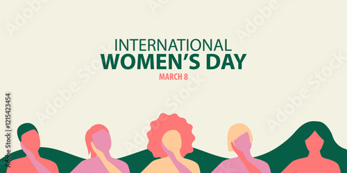 International Women's Day banner concept. Vector flat modern illustration of five women's figures of different races and nationalities supporting each other