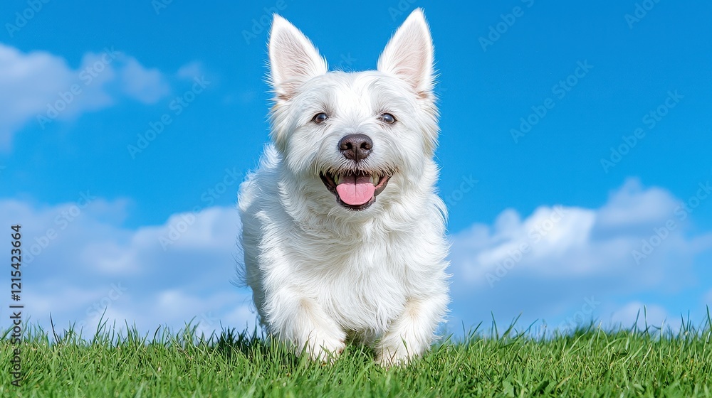 Joyful white dog running through lush green grass under bright blue sky with fluffy clouds Joyful white dog running through lush green grass under bright blue sky with fluffy clouds