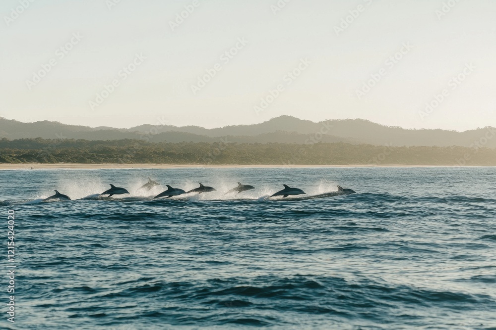 Obraz premium pod of dolphins leaping gracefully out of sparkling ocean waves in Byron Bay. 