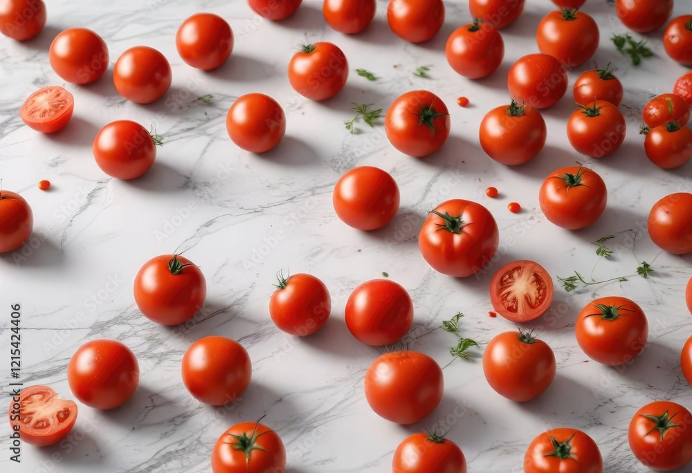 Fresh tomatoes scattered on a white marble background, with some tomatoes falling off the surface , food, fruit Fresh tomatoes scattered on a white marble background, with some tomatoes falling off the surface , food, fruit