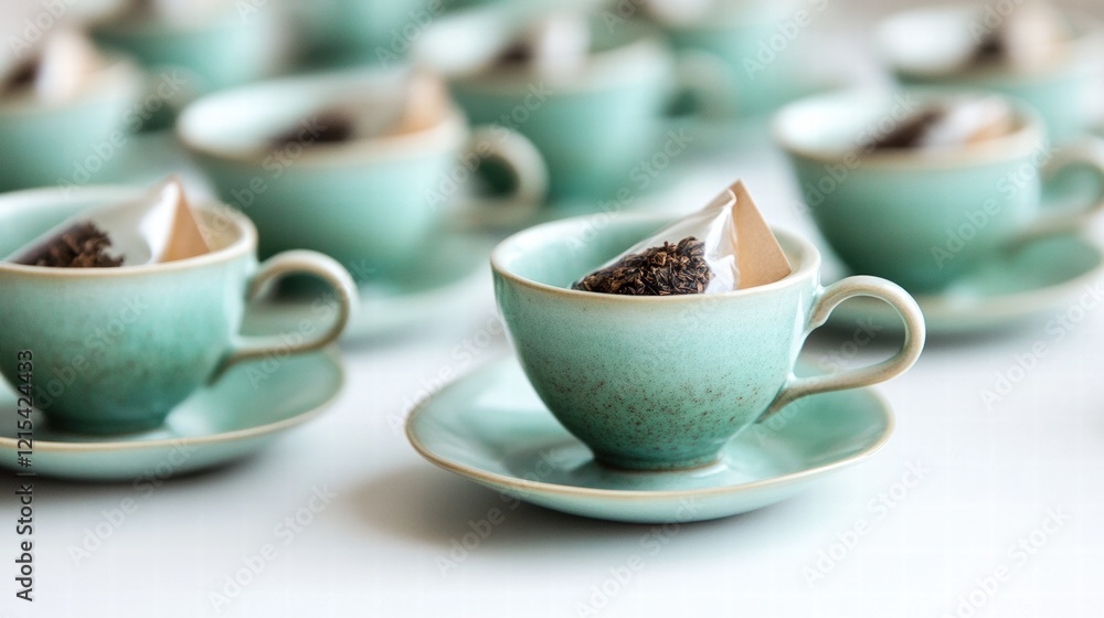 Fototapeta premium A charming set of petite tosca green teacups, each filled with fragrant spice tea bags.