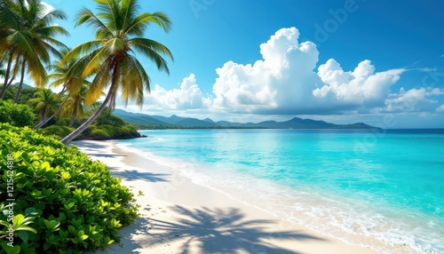 Tropical beach with palm trees and clear blue water. Paradise scene for summer vacation, travel brochures, and holiday promotions.