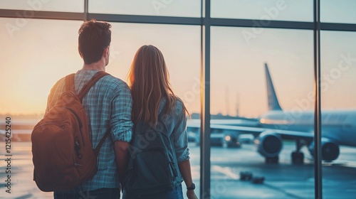 Husband and wife happily navigating through online booking system for flights