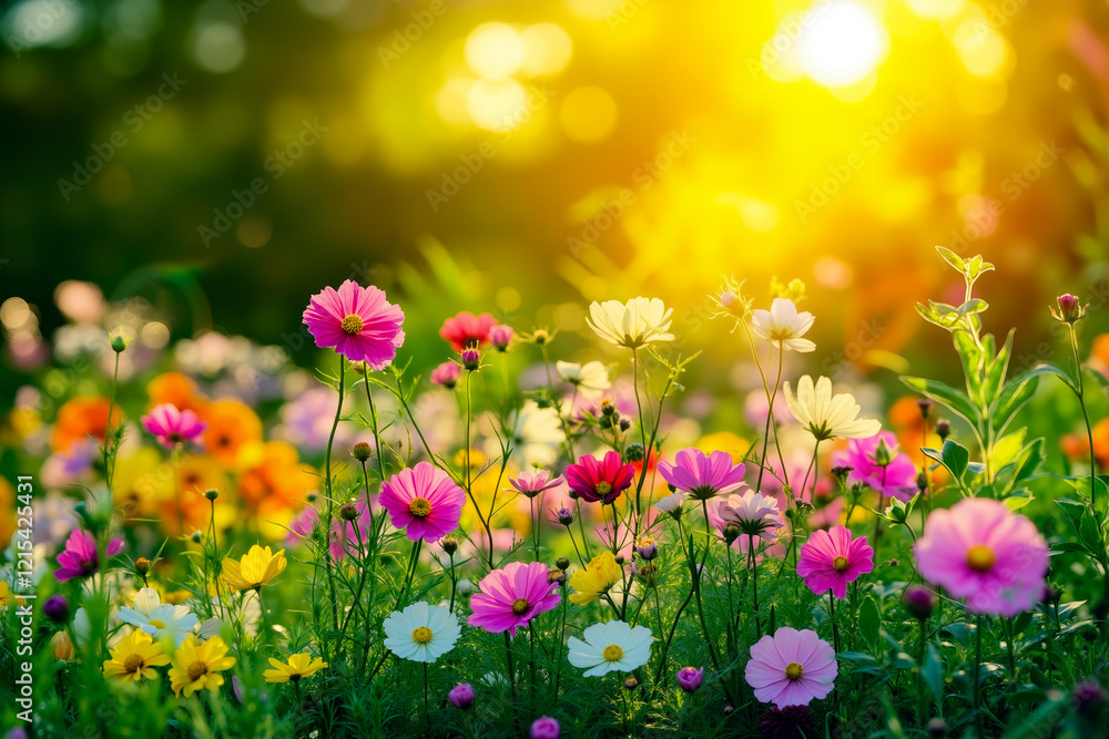 Obraz premium A field of colorful flowers with the sun setting in the background