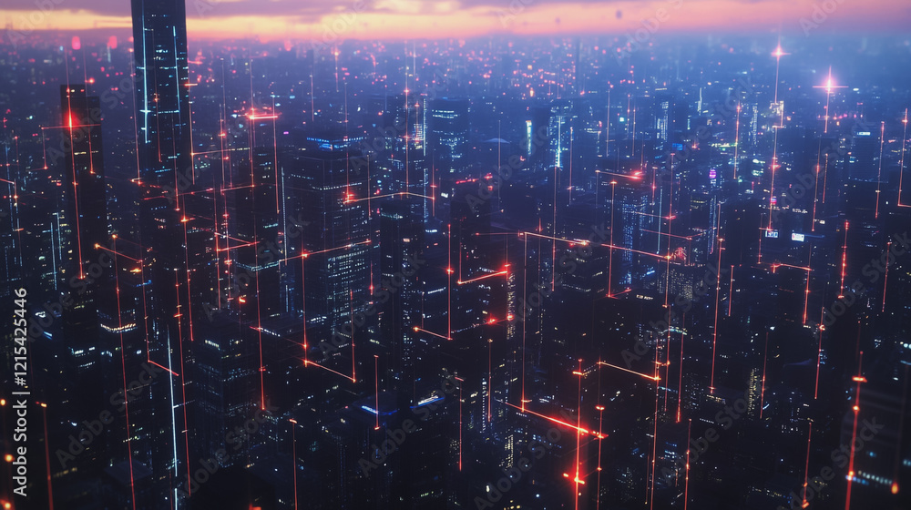 Fototapeta premium Smart digital Innovation city with connection network reciprocity over the twilight cityscape. of future smart wireless digital city and social media networking systems that connects people with city