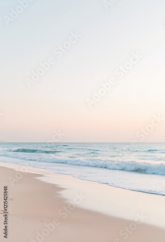 Calm ocean wave on sandy beach. Serene seascape for relaxation, meditation, and summer vacation themes. Perfect for travel brochures and holiday cards.