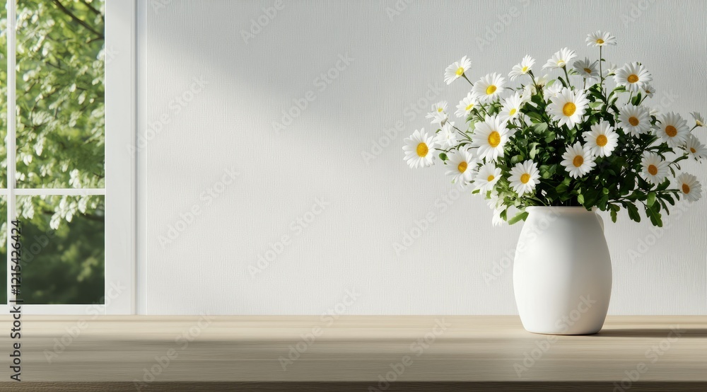 Fresh daisies in a white vase add brightness to a wooden table near a sunny window in a serene indoor setting Fresh daisies in a white vase add brightness to a wooden table near a sunny window in a serene indoor setting
