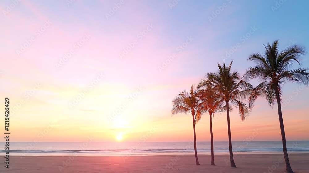 Fototapeta premium Serene beach at sunset with silhouetted palm trees against a vibrant sky, creating a peaceful and idyllic atmosphere.