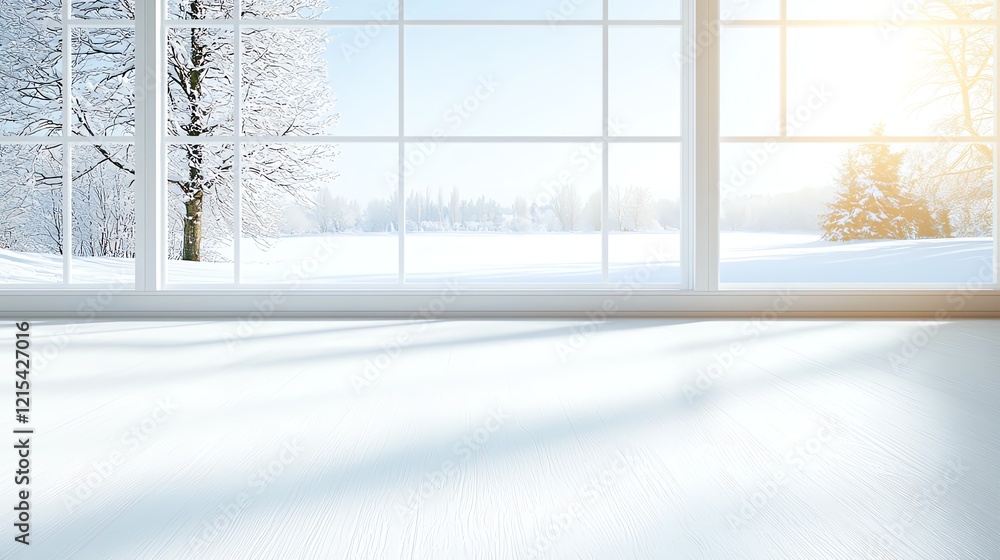 Naklejka premium Bright winter scene viewed through large windows. Snow-covered outdoors and soft sunlight create a serene, tranquil atmosphere inside. Ideal for winter decor and lifestyle themes.