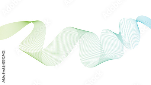 Vector curvy abstract line art wavy flowing dynamic green and blue in concept music or sound, wave, wind, information flow