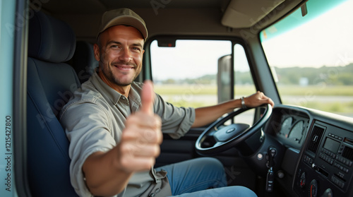 Truck driver sitting in his truck showing thumbs up. Trucker occupation. transportation services photo