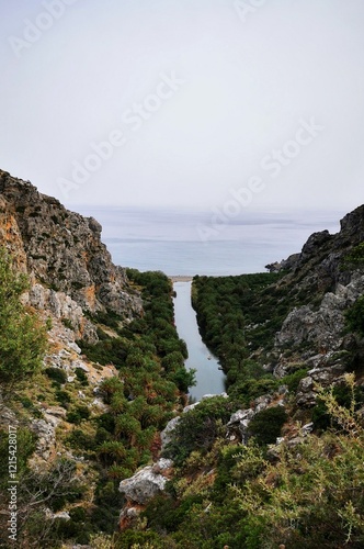 Famous Palm forest in Preveli Beach in the municipality of Agios Vasilios in the region of Rethymno, Crete, Greece, Europe. In May, Spring. photo