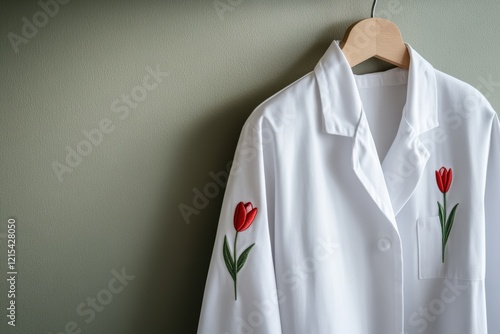 A white lab coat is displayed on a wall hook, featuring beautiful tulip embroidery on the sleeves, infusing the workspace with a subtle feminine touch on International Women's Day photo