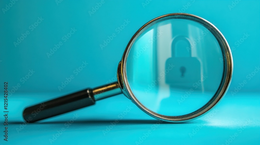 Cybersecurity: Magnifying Glass Reveals Padlock, Data Protection Concept Cybersecurity: Magnifying Glass Reveals Padlock, Data Protection Concept