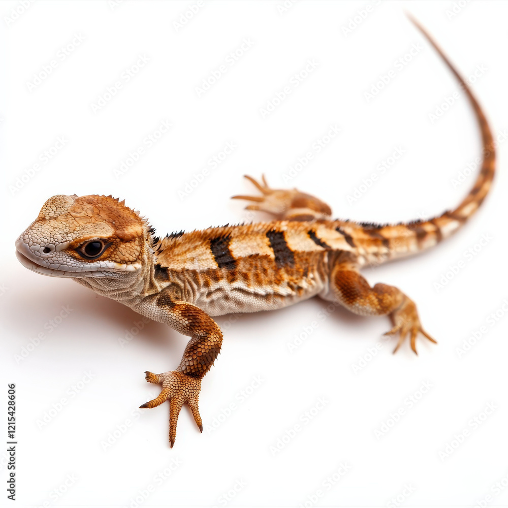 Fototapeta premium Juvenile lizard, brown and tan patterned skin, isolated.