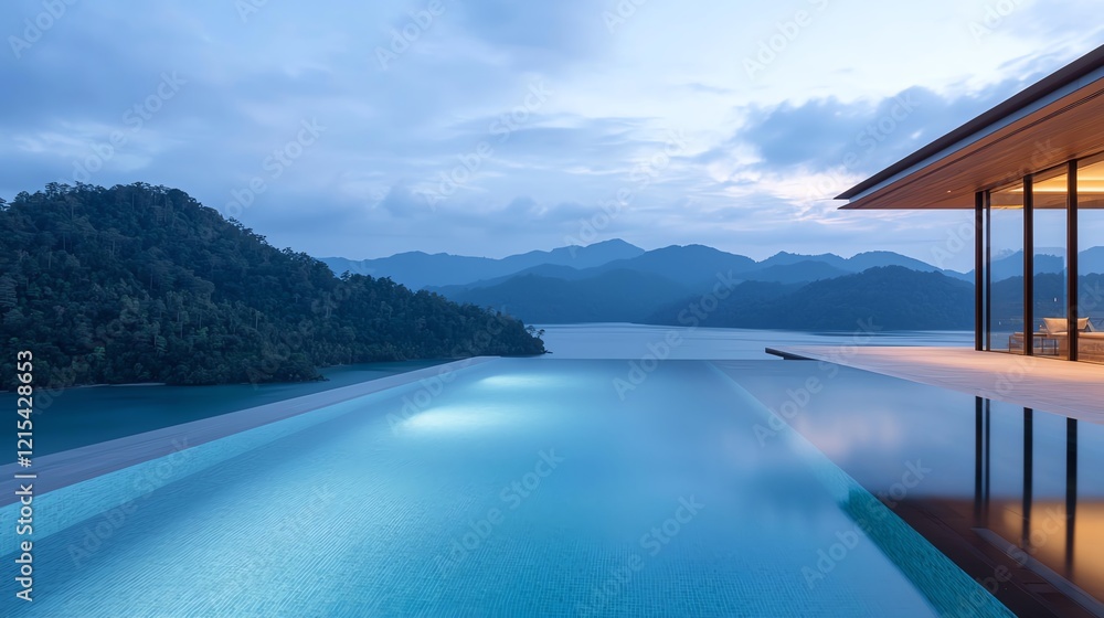 Fototapeta premium Stunning modern pool with breathtaking mountain views at twilight, showcasing tranquility and luxury in a serene environment. Perfect for relaxation and holiday inspiration.