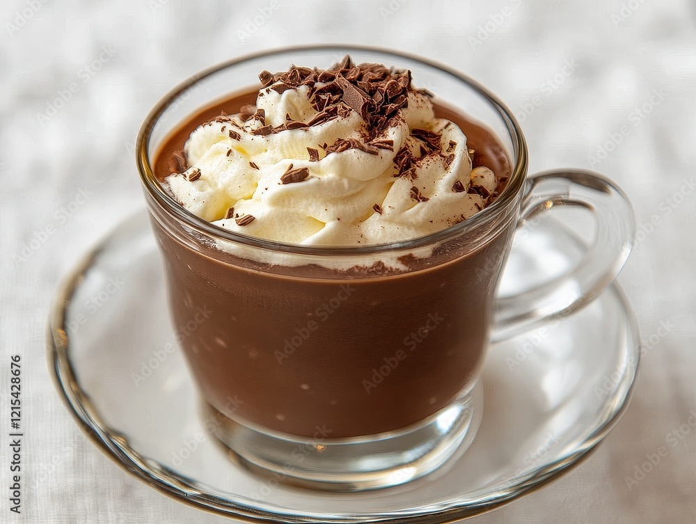 A cup of classic hot chocolate with whipped cream and chocolate chips A cup of classic hot chocolate with whipped cream and chocolate chips