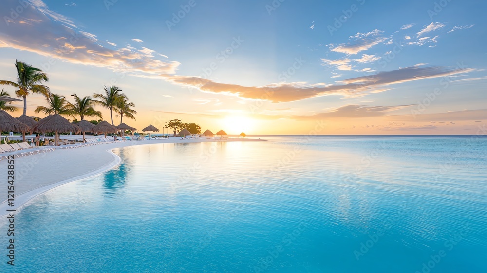A stunning tropical beach at sunset, featuring calm turquoise waters, sandy shores, and palm trees silhouetted against a colorful sky. A serene and picturesque getaway. A stunning tropical beach at sunset, featuring calm turquoise waters, sandy shores, and palm trees silhouetted against a colorful sky. A serene and picturesque getaway.