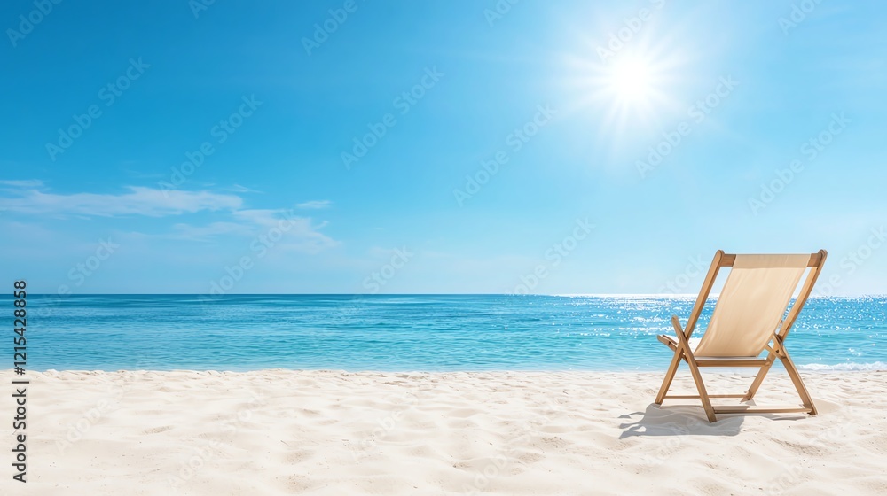A tranquil beach scene featuring a wooden lounge chair on the sandy shore, with a bright blue sky and the shimmering ocean in the background, perfect for relaxation and escape. A tranquil beach scene featuring a wooden lounge chair on the sandy shore, with a bright blue sky and the shimmering ocean in the background, perfect for relaxation and escape.
