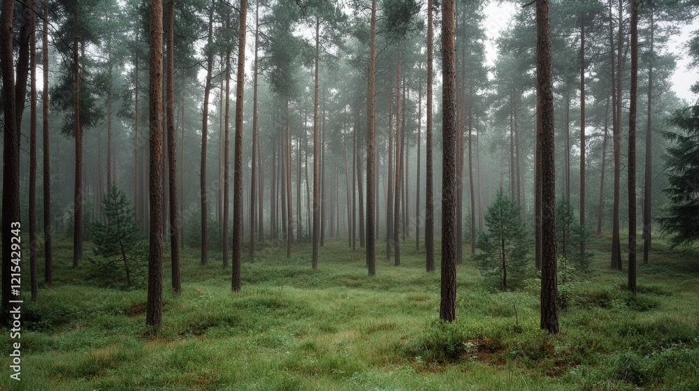 Tall pine trees rise through the mist in a peaceful forest, their uniform trunks creating a sense of quiet symmetry and natural beauty. Tall pine trees rise through the mist in a peaceful forest, their uniform trunks creating a sense of quiet symmetry and natural beauty.