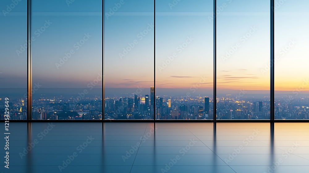 Fototapeta premium Stunning urban skyline view through large glass windows at sunset, offering a panoramic vista of city lights and colorful sky, perfect for architectural inspiration and modern deco