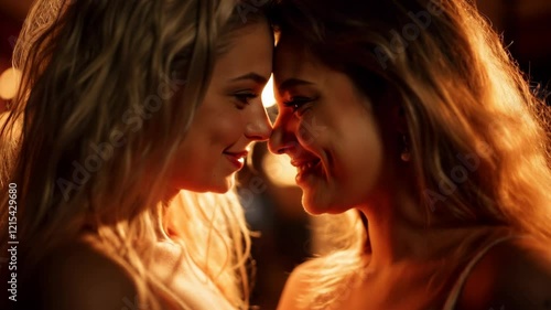Young blonde lesbian couple kissing with passion at sunset
