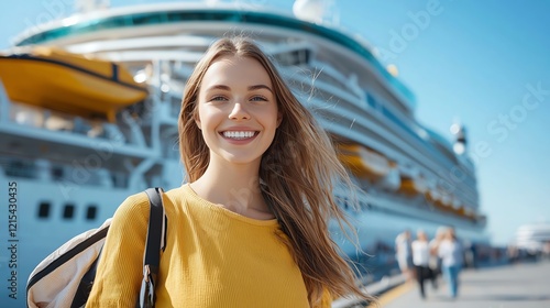 A smiling woman in a yellow shirt stands near a large cruise ship, embodying the joy of travel and adventure under a clear blue sky. photo