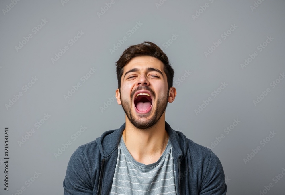 Portrait of a male yawning person on a gray background Portrait of a male yawning person on a gray background