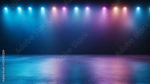 A vibrant stage setup with colorful lights illuminating a reflective surface  creating an energetic atmosphere perfect for events and performances.