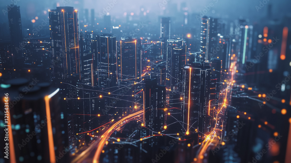 Smart digital Innovation city with connection network reciprocity over the twilight cityscape. of future smart wireless digital city and social media networking systems that connects people with city Smart digital Innovation city with connection network reciprocity over the twilight cityscape. of future smart wireless digital city and social media networking systems that connects people with city