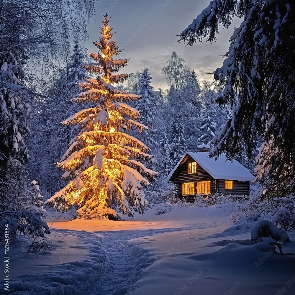 Fototapeta premium winter scenery, forest in the snow and a small cozy house on Christmas day
