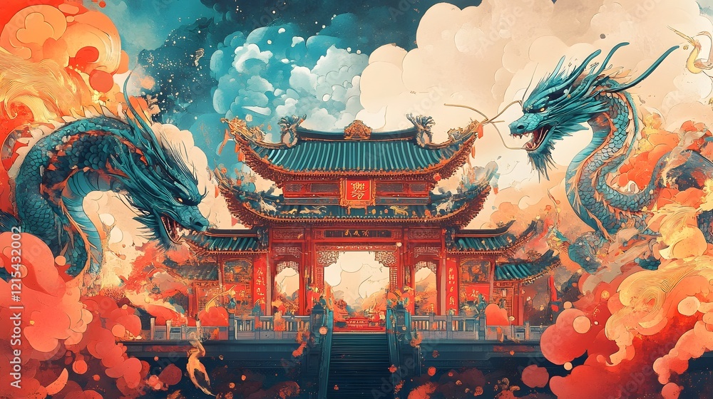 Obraz premium Majestic Dragon Guarding Celestial Oriental Palace in Mystical Fantasy Landscape