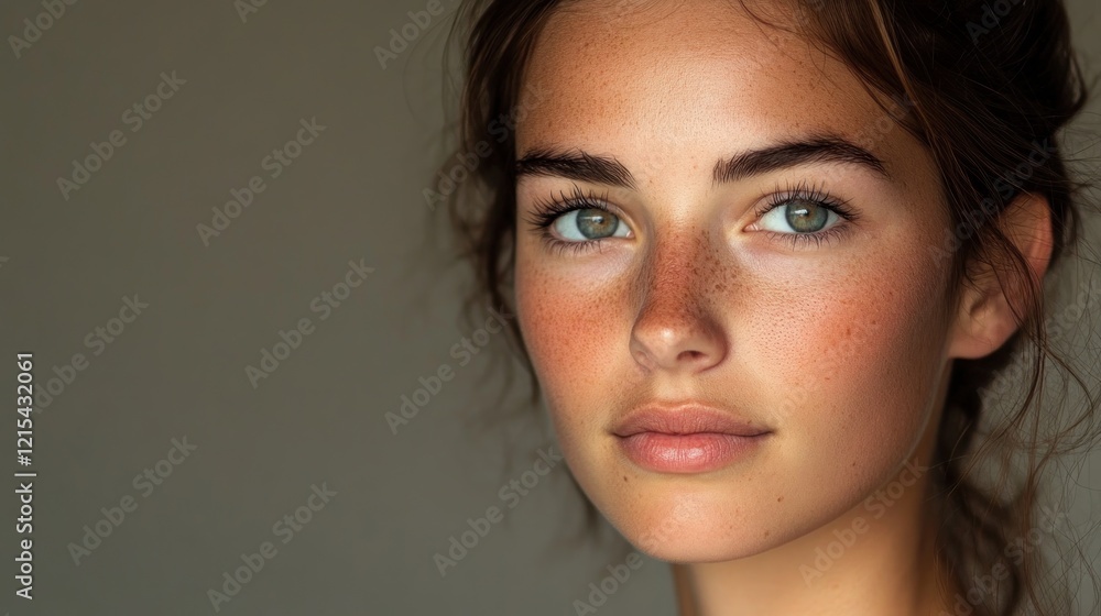 Fototapeta premium Close-up Portrait of a Young Woman with Freckles and Green Eyes