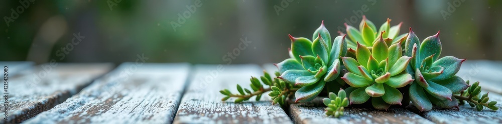 Winter succulent arrangement on a frosty wooden table, greenery, botanical Winter succulent arrangement on a frosty wooden table, greenery, botanical