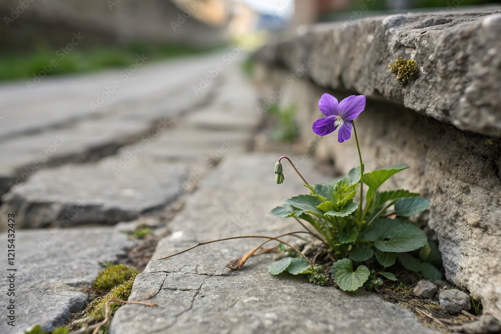 Purple Wild Violet Emerging from Stone Retaining Wall - Candid Spring Nature Photography Purple Wild Violet Emerging from Stone Retaining Wall - Candid Spring Nature Photography