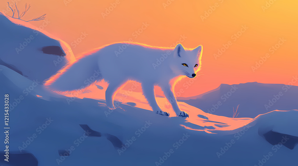 Solitary arctic fox stands on snow, its fur gleaming in sunset glow. Arctic Glow. Illustration Solitary arctic fox stands on snow, its fur gleaming in sunset glow. Arctic Glow. Illustration