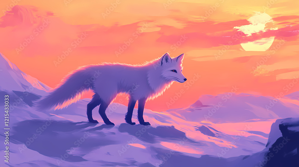Solitary arctic fox stands on snow, its fur gleaming in sunset glow. Arctic Glow. Illustration Solitary arctic fox stands on snow, its fur gleaming in sunset glow. Arctic Glow. Illustration